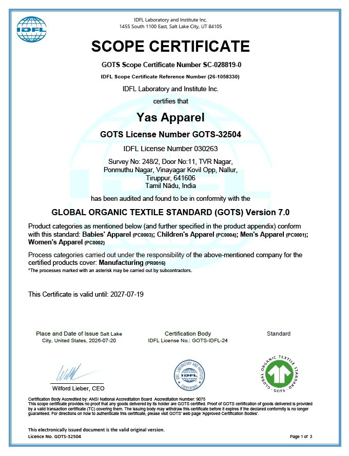 GLOBAL ORGANIC TEXTILE STANDARD Certificate